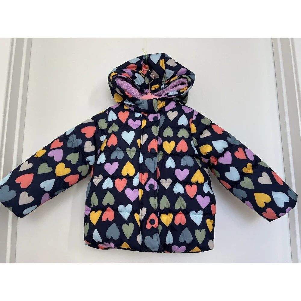 NWOT Carter’s Toddler Girls Heart Print Heavyweight Puffer Jacket Coat Purple 4T